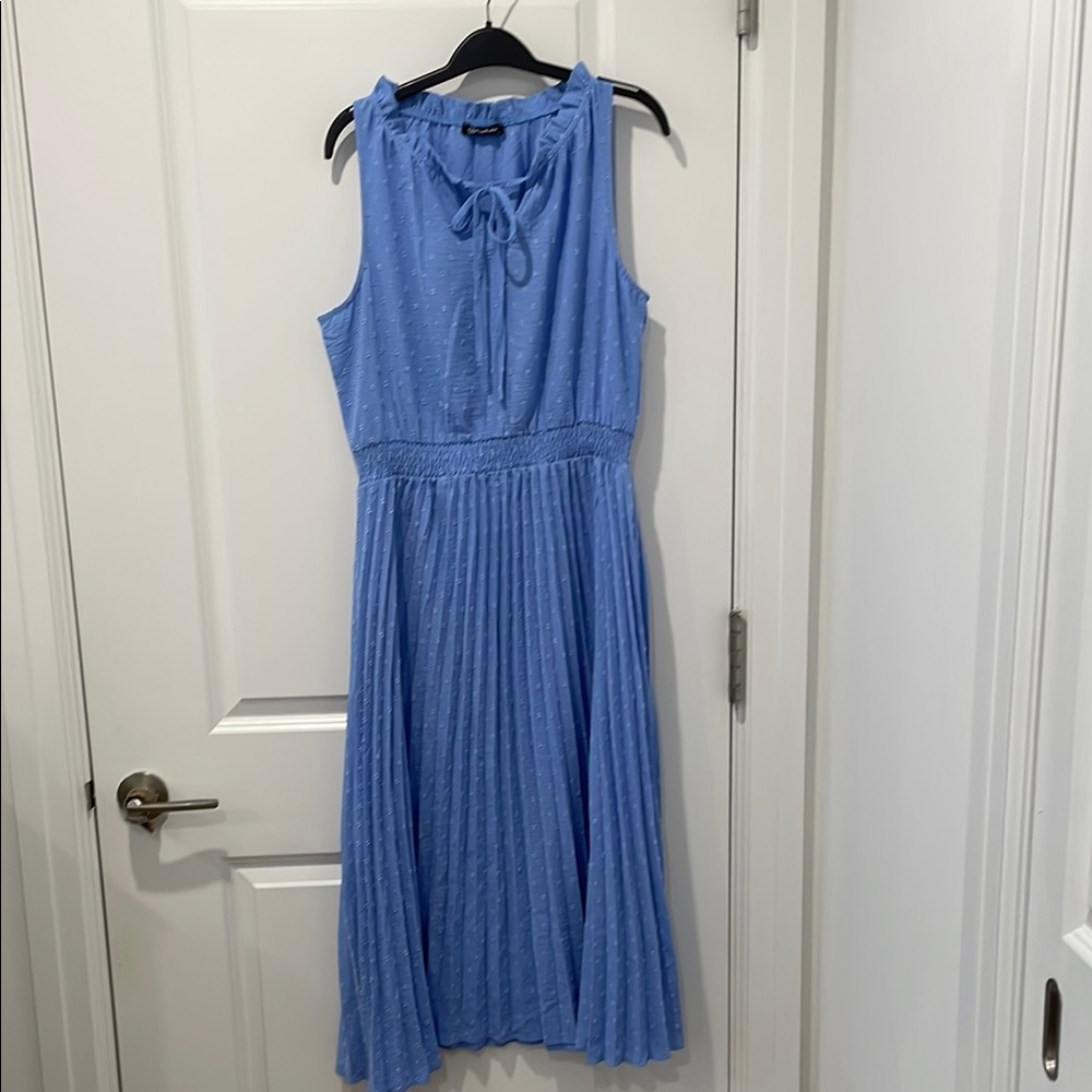 Blue Pleated Tie Front Halter Midi Sundress